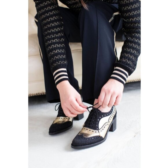 The Office of Angela Scott Ms. Doubt black & gold midheel brogue oxford - Picture 1 of 12